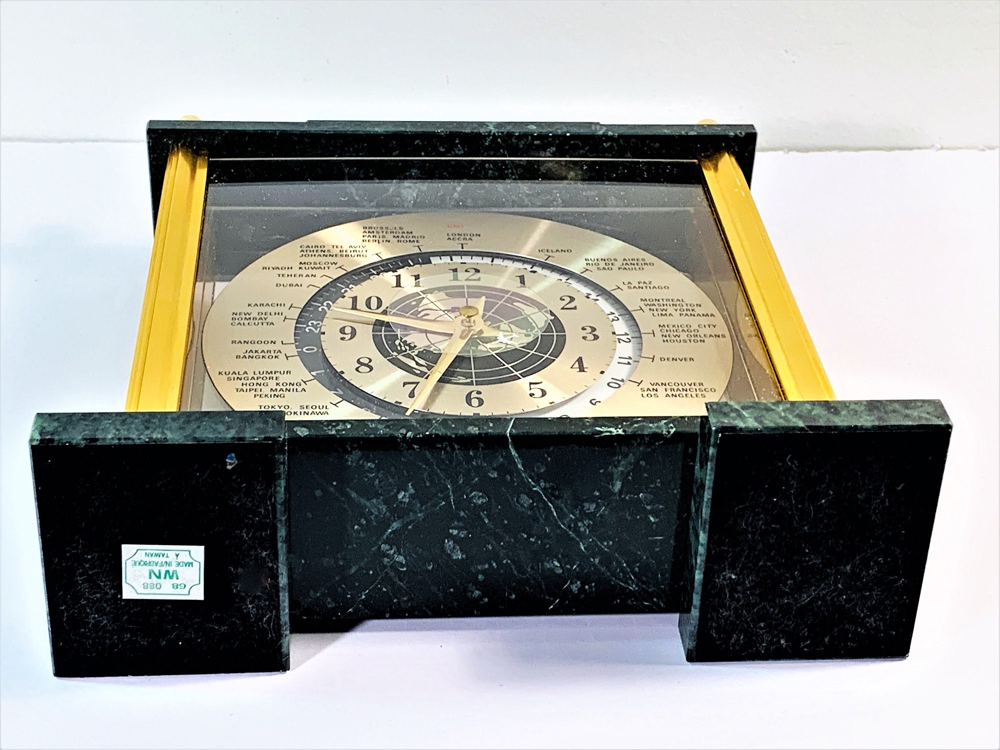 VTG 1980 The Bombay Company Classic Green Marble & Brass World Time
