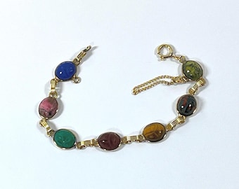 Vintage Winard™ 12K Gold Filled Scarab Bracelet, 7 Natural Gemstones Scarabs 14X10mm, Safety Chain. 7.5" L. Refinished, Free US Shipping