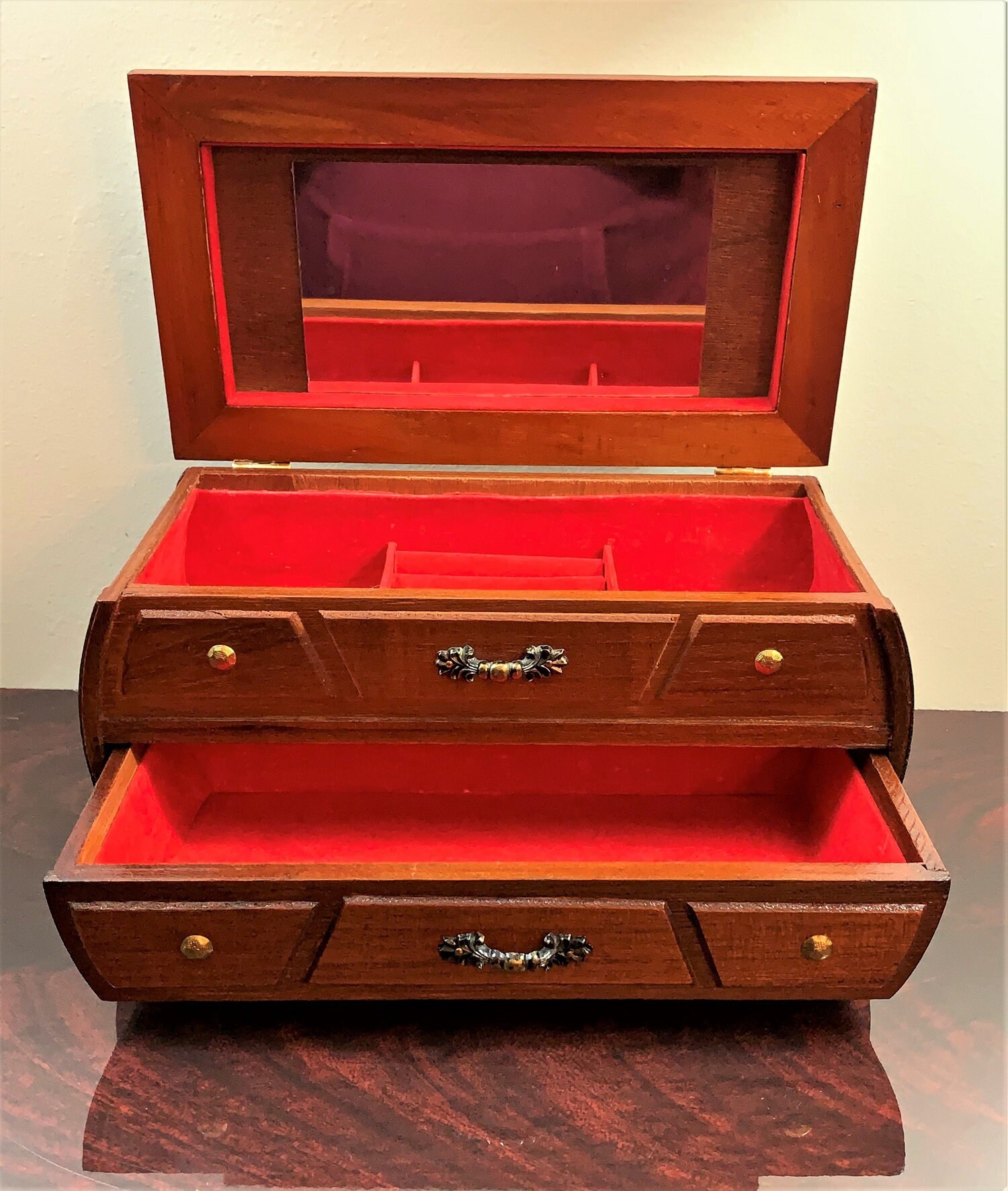 Vintage Solid Wood Jewelry Box,Hand Crafted, Mirror, Padded