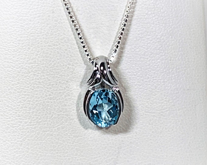 Sterling Silver Swiss Blue Topaz Slide Necklace, Oval Extra Faceted Gemstone 8 X 6 mm, 2.10 Carats, Custom Setting, 18" Box Chain. Beautiful