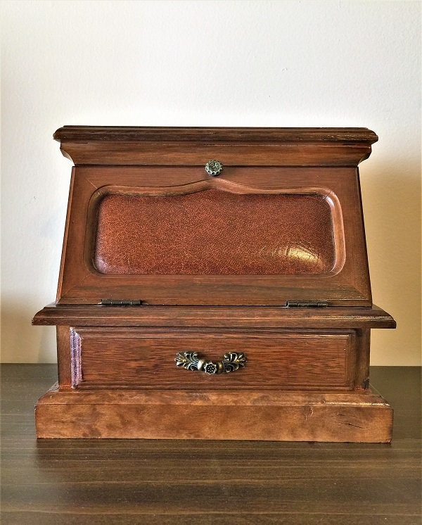 Vintage Antique Solid Wood Jewelry Case, Red Velvet Padded Top