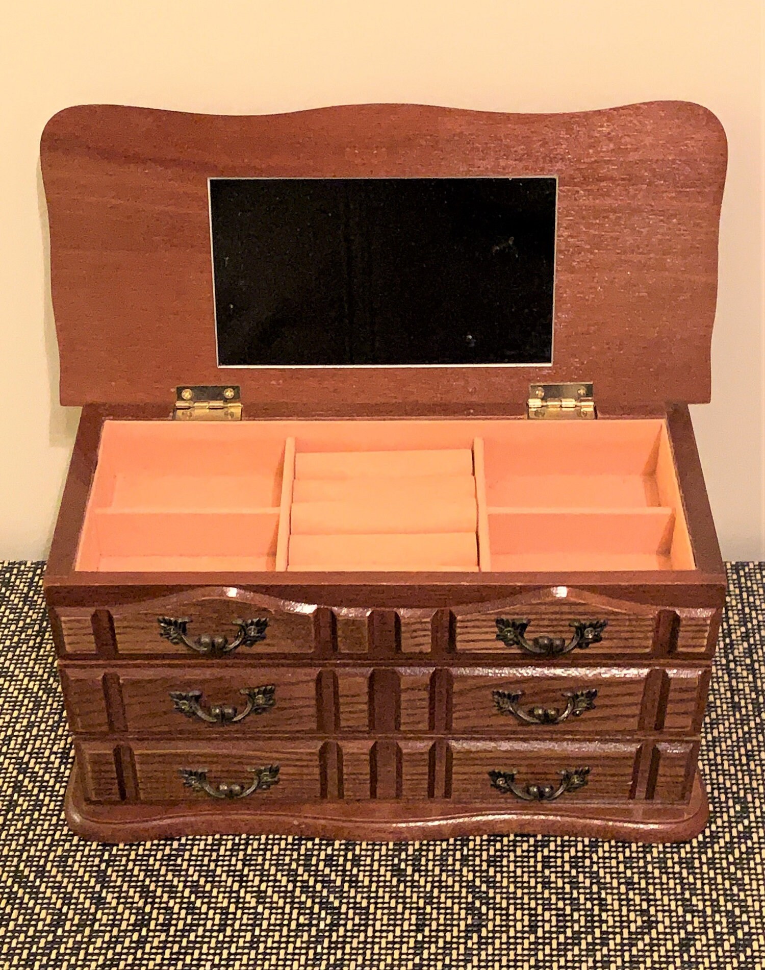 Vintage Solid Wood Jewelry Box,Hand Crafted, Mirror, Padded