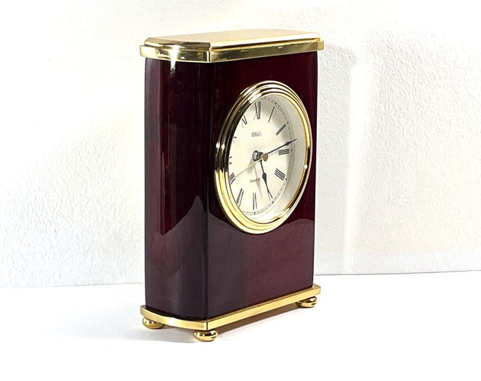 Vintage Henry Birks Brass Mantel Clock: Mahogany Piano Finish, Quartz Movement