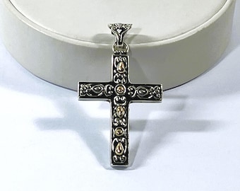 Vintage Sterling Silver & 14K Gold Accents Large Cross, Handcrafted Circa 1960's, 11.90 Grams, 2.5" L. Polished. Free US Shipping