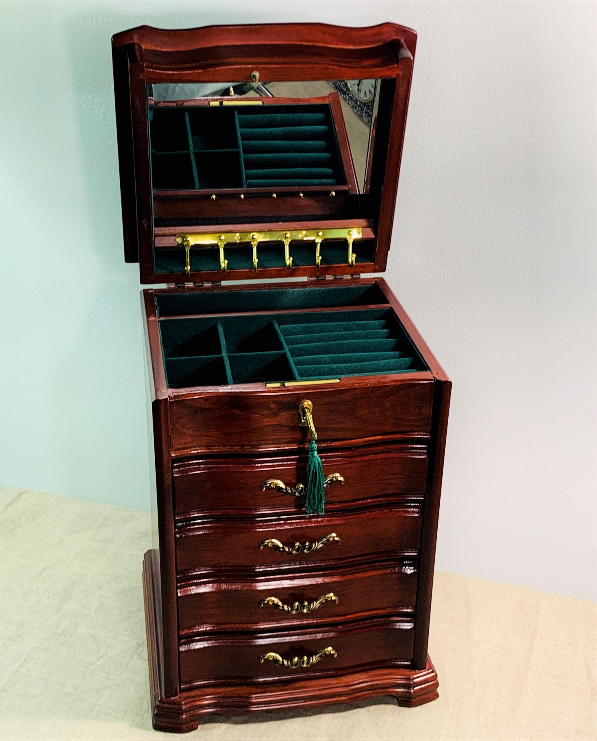 Vintage Large Jewelry Armoire, Hard Wood Red Mahogany, 15 T. 10 W. Key