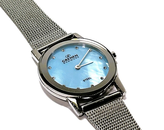 Vintage Grenen© By Skagen Women Watch, All Stainless Steel, Blue MOP Dial, Mesh Band, 27mm, 15mm Lugs, Serviced Pre-Owned, Free US Shipping.