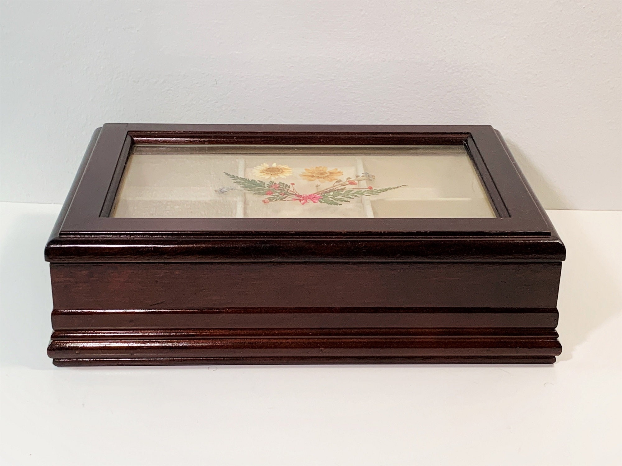 Vintage Beautiful Carved Wood Jewelry Box, Floral Stained Glass Window