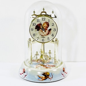 Vintage Waltham® Angels’ Anniversary Clock, Painted Porcelain Base & Dial, Crystal Pendulum, 9” T. 6” B. Serviced. Free US Shipping.