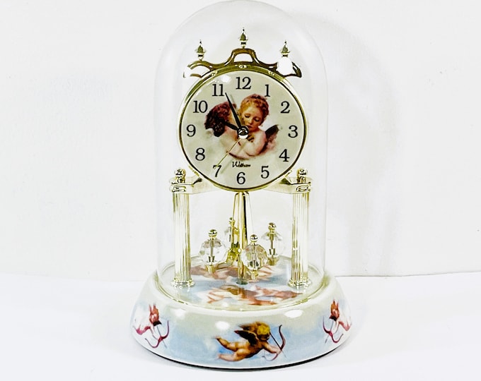 Vintage Waltham® Angels’ Anniversary Clock, Painted Porcelain Base & Dial, Crystal Pendulum, 9” T. 6” B. Serviced. Free US Shipping.