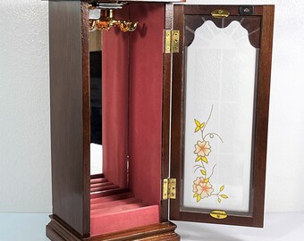 Vintage Mahogany Carved Wood Tall Jewelry Armoire Stand, Stained Glass Door, Mirror, Rings Tray, Hangers, 12 .5" T. 5.5" W. Free US Shipping
