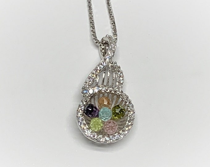 Sterling Silver Multi Color Crystal Cut Gemstones and Brilliant CZ necklace, Pink-Blue-Green-Peach and Purple, 20" Box Chain, Rhodium.