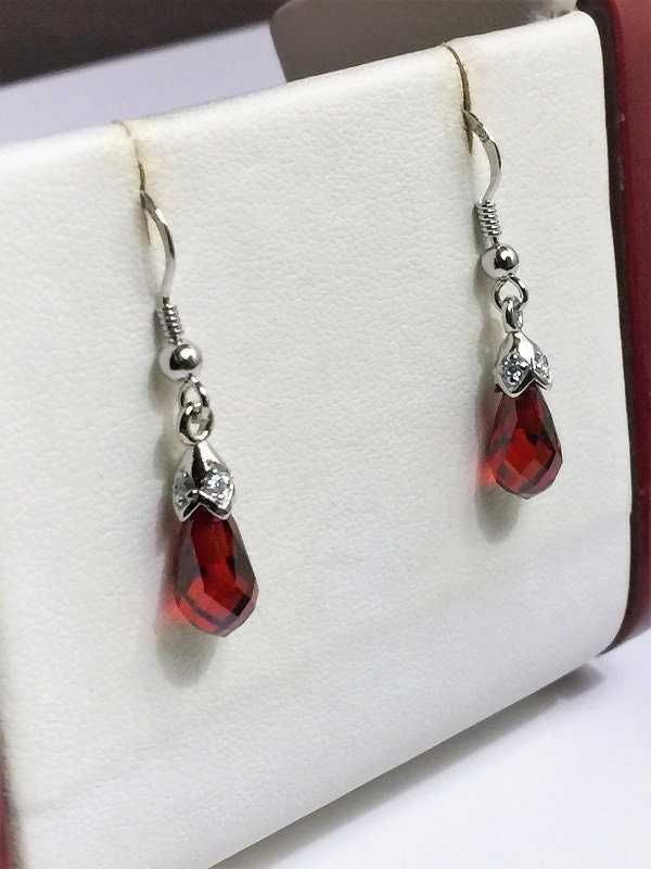 Sterling Silver Dangle Earrings, Daceted Red Zircon Crystals, Frensh ...