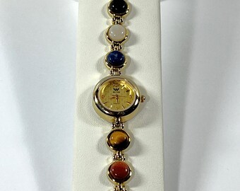 Waltham™ Women Watch, Natural Gemstones Band, Gold Tone. Japan Quartz, 9 Cabochon Gems 8mm, Serviced. Free US Shipping.
