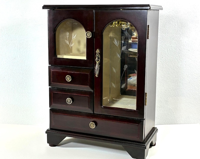 Vintage Mahogany Wood Jewelry Armoire, 2 Floral Glass Doors, Hangers, Rings Section, Mirror, 3 Drawers. 12.5" T. 9" W. Free US Shipping.