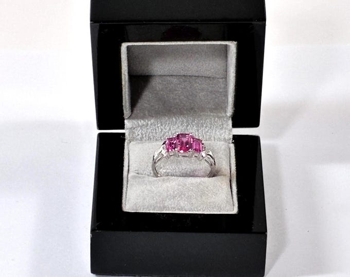 10K Solid White Gold Pink Tourmaline & Diamond Accents Ring, 3 Emerald Cut Tourmaline T.W 2.60 Carats. Size 7 (US). Free US Shipping.