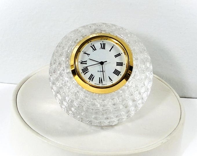 Unique Baseball Shape 24% Lead Crystal Clock, Japan Quartz, 1.5" Dial, 8" Ball Diameter, Serviced & Works Perfectly, Free US Shipping.