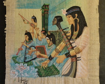 Vintage Hand Painted Egyptian Papyrus, Egyptian Women Daily Life, Pencil and Brush - Gouache, 15.50 X 11 inch. 40 X 30 cm. Free US Shipping.