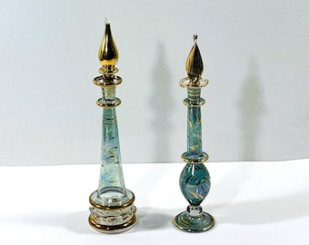 Vintage Set of Two Egyptian Hand Made - Blown Glass Perfume Bottles, Etched Patterns, Gold Leaf Accents, 7.5" & 8" T. Free US Shipping.