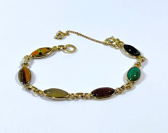 Vintage 1960's Bojar™ 12K Gold Filled Scarab Bracelet, 6 Carved Gemstones Scarabs 14X7mm. Unakite. Tiger's Eye Etc,  7" L. Free US Shipping