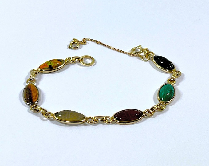 Vintage 1960's Bojar™ 12K Gold Filled Scarab Bracelet, 6 Carved Gemstones Scarabs 14X7mm. Unakite. Tiger's Eye Etc,  7" L. Free US Shipping