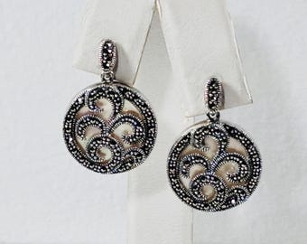 Vintage Sterling Silver Marcasite & Mother of Pearl Dangle Earrings, 1.25" Long.  20mm Round Disk. 8.3 Grams.  Refinished, Free US Shipping