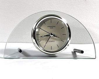 International Silver Contemporary Alarm Clock, Tempered Glass & Stainless Steel, Clear 3.5" Dial, 8.25" W. 4.25" T. Mint. Free US Shipping