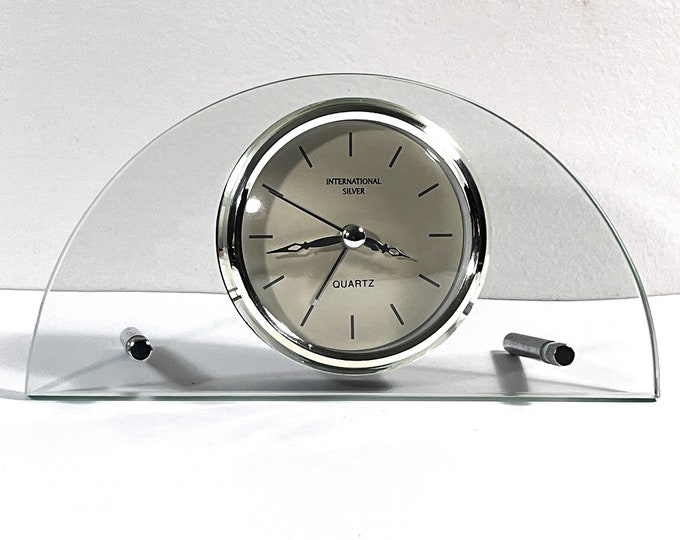 International Silver Contemporary Alarm Clock, Tempered Glass & Stainless Steel, Clear 3.5" Dial, 8.25" W. 4.25" T. Mint. Free US Shipping