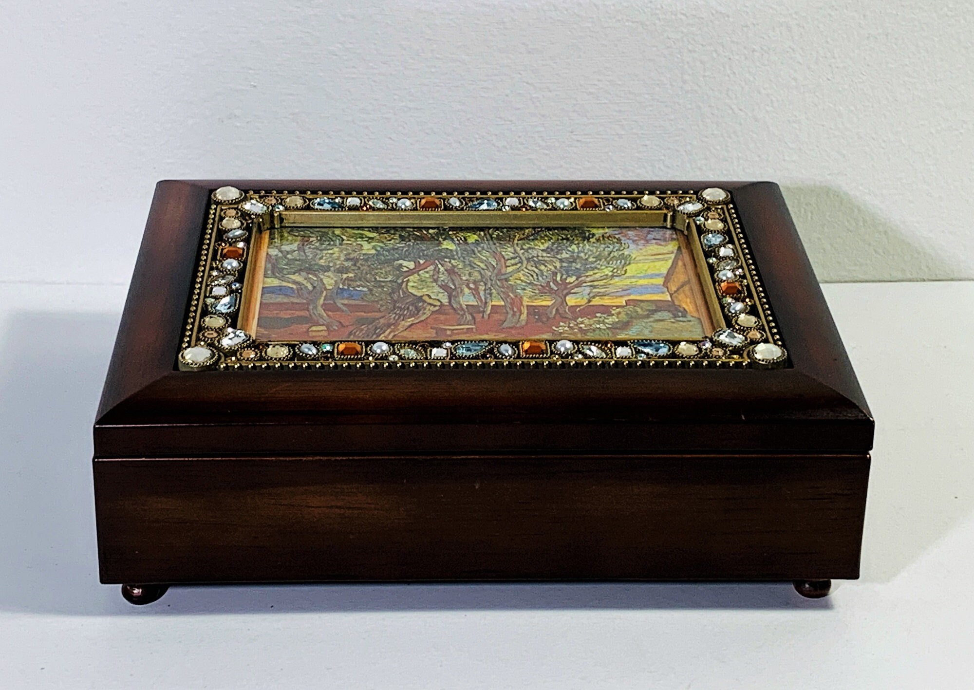 Vintage Sankyo Japan Music Jewelry Memory Box, Cottage Garden, Mahogany