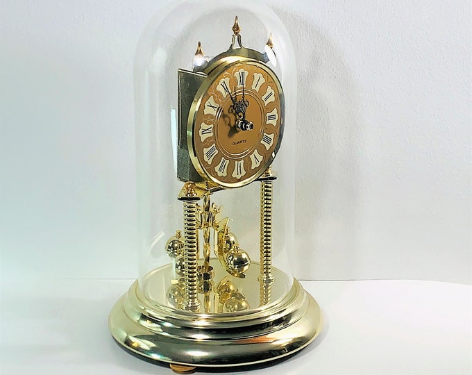 Vintage Elgin Japan Anniversary Clock, Colonial Dial, Glass Dome, Serpentine Hands, Sphere Pendulum, 12" T. 8" B, Serviced, Free US Shipping