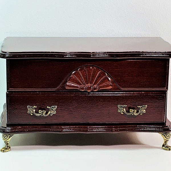 Vintage Red Mahogany Carved Wood Jewelry Chest, Hinged Lid W/Mirror, Rings Section, Compartments, Drawer, 10" W. 5.75" T. Free US Shipping.