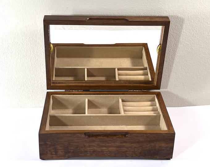 VTG London Leather™ Carved Teak Wood Jewelry Box, Etched Mirror Top, Mirror Inside. 9" W. 6" L. 3.5" H. Sections, Restored. Free US Shipping