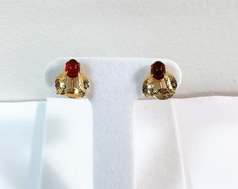 Antique Russel Creations™ 12K Gold Filled Scarab Earrings, Screw Backs, 3 Etched Leaves, 2 Carved Carnelian Scarabs 8X6mm, Free US Shipping