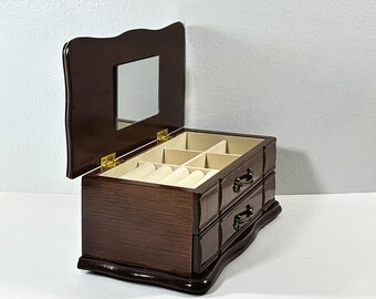 Vintage London Leather™ Carved Rosewood Jewelry Box, Hinged Lid W/ Mirror, Rings Section, Drawer, 9.5" W. 5" L, Restored. Free US Shipping