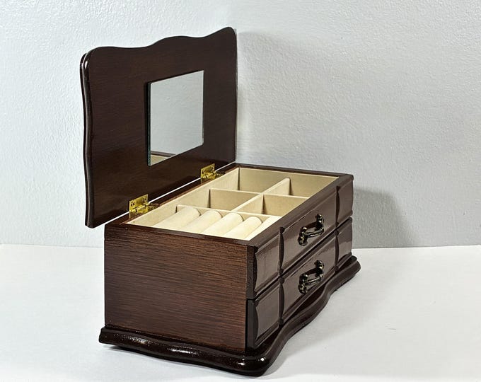 Vintage London Leather™ Carved Rosewood Jewelry Box, Hinged Lid W/ Mirror, Rings Section, Drawer, 9.5" W. 5" L, Restored. Free US Shipping