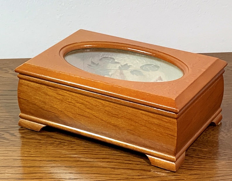 Golden Oak Jewelry Box Hinged Lid With Etched Plexiglass Etsy