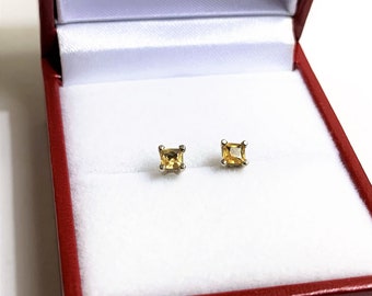 14k White Gold Yellow Sapphire Studs, Princess Cut Natural Fancy Yellow Sapphires, 3 mm, .32 carat Total Weight. Free US Shipping.
