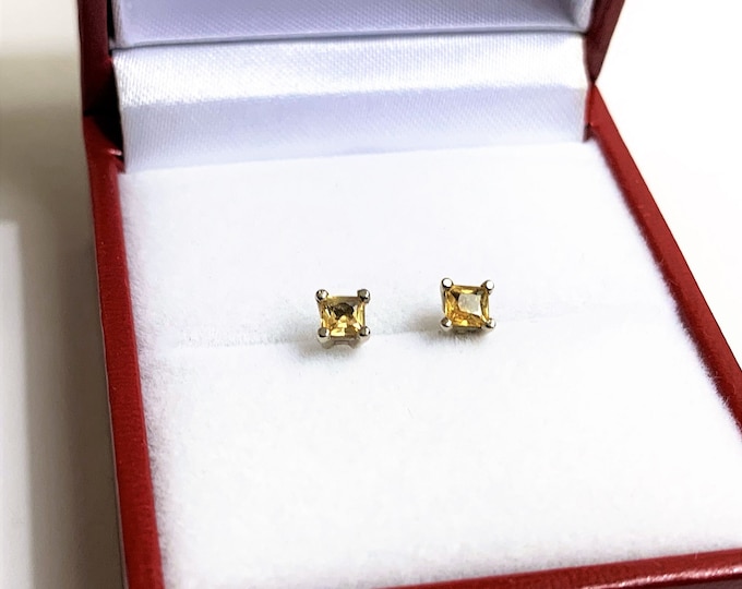 14k White Gold Yellow Sapphire Studs, Princess Cut Natural Fancy Yellow Sapphires, 3 mm, .32 carat.