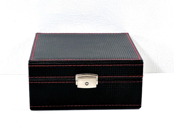 REDENVELOPE® Men's Leather Watch Storage Case, Wood Structure,  6 Cushions, Pouch, Black/ Red Stitching. Key Lock, 7" Sq. Free US Shipping