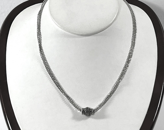 Vintage Judith Jack™ Sterling Silver & Marcasite Triple Strand Necklace, Ornate Slide. 16" L. 9.80 Grams. Refinished. Free US Shipping.