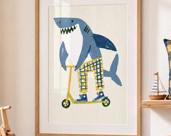 Shark Wall Art Print ~ Scooter Riding Shark Nursery Decor for Kids Room ~ Ocean Animal Illustration ~ Playroom Coastal Beach House Artwork