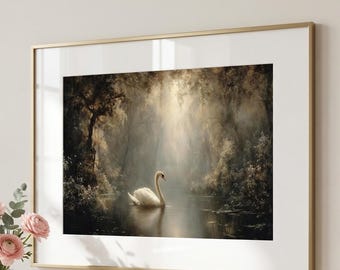 Schwan Wand-Kunstdruck: Stimmungsvolle Seemalerei, elegante Naturszenenkunst, Vintage-Vogelwanddekor, Cottagecore-Wandkunst (Versandter Druck)
