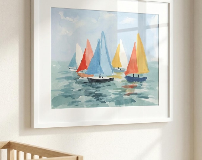 Colorful Abstract Sailboats Watercolor Painting Print: Nautical Nursery Artwork, Pastel Boats Coastal Wall Art, (Mailed Print)