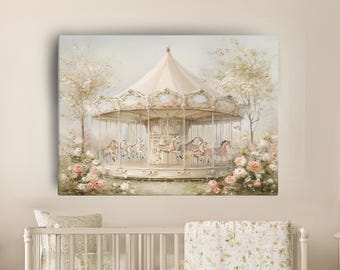 Whimsical Carousel Canvas Wall Art, Parisian Cottagecore Nursery Decor, Shabby Chic Girls Room Art,  Vintage Pastel Nursery Art