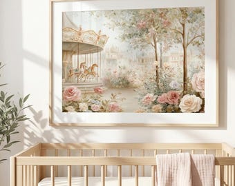 Romantic Horse Carousel Wall Art Print: Vintage Pastel Rose Garden Artwork, Whimsical Cottagecore Carnival Decor, Shabby Chic Nursery Print