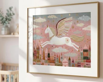 Art mural licorne magique, impression de conte de fées Pégase, décoration de chambre d'enfant château de rêve, impression de chambre d'enfants livre de contes, art fantastique pour les filles