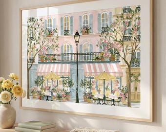 Paris Cafe Wall Art Print ~ Romantic French Flower Market Poster | Cottagecore Parisian Decor for Feminine Bedroom & Shabby Chic Home