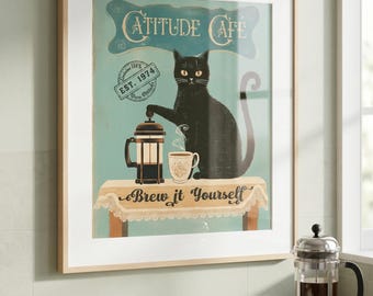 Retro Black Cat Coffee Print, French Press Kitchen Wall Art, Vintage Café Poster, Funny Cat Lover Gift, Retro Coffee Bar Decor, Cat Mom Gift