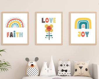 Faith Love Joy Rainbow Flower Boho Nursery Set of 3 DIGITAL PRINTS | Bohemian Girls Room Art | Scandi Playroom Wall Decor | Inspirational