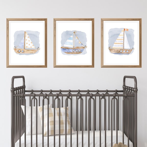 Sailboat Prints Nautical Nursery Wall Decor Set of 3 Prints | Sailing Art Printable | Beach House Watercolor Art | Boys Room | Toddler Room