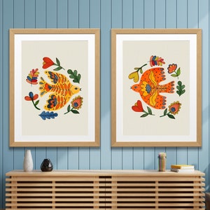 Norwegian Folk Art Birds and Flowers Set of 2 DIGITAL PRINTS | Scandinavian Wall Art Decor For the Home | Norwegian Printables | Watercolor